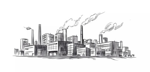 Industrial buildings drawn in black ink on a white background, vector illustration, simple lines, low detail, vintage style, hand-drawn, sketching, doodle, panorama