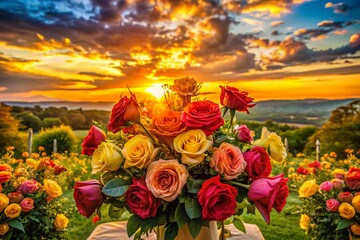 Wall Mural - Vibrant Sunset Celebration with Beautifully Arranged Roses Illuminated by Golden Light and Colors