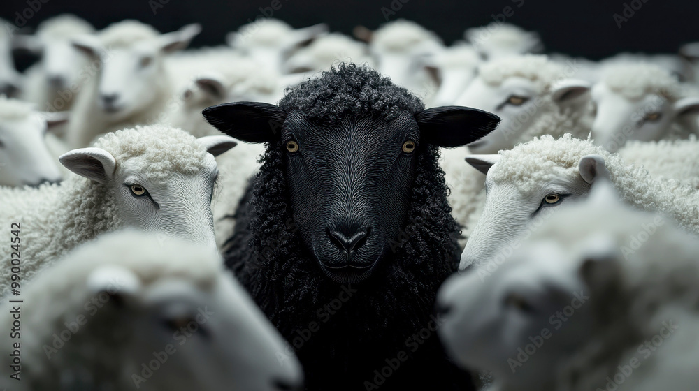 A black sheep stands out in the middle of an crowd with white sheep ...