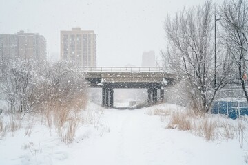 Sticker - Snow-Covered Path Under a Bridge During a Blizzard