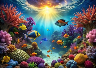 Vibrant Underwater Scene Showcasing Colorful Tropical Fish Swimming Amongst Coral Reef Ecosystem