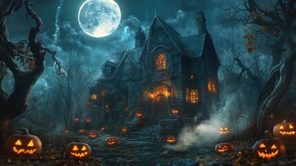 A spooky haunted house lit by the full moon, surrounded by twisted trees and fog, with glowing jack-o'-lanterns leading the way to the entrance.