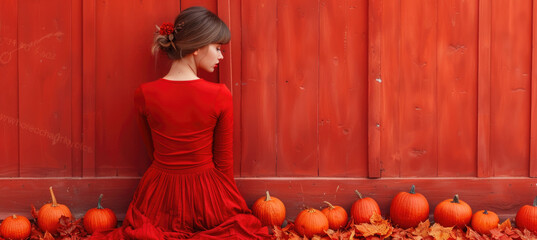 woman in red dress sits against vibrant red wall, surrounded by pumpkins and autumn leaves, creating warm and festive atmosphere