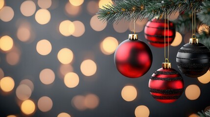 Sticker - Red and Black Christmas Ornaments on a Christmas Tree Branch with Bokeh Lights.