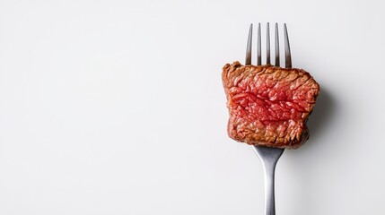 A close-up shot of a perfectly cooked tenderloin steak on a fork, showcasing its succulent texture and juicy interior.