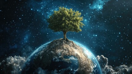 Poster - A tree flourishing atop the planet Earth, representing the importance of nurturing our planet.