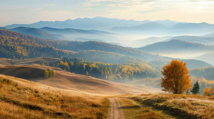 Wall Mural - Beautiful view of the autumn in mountains covered with forest