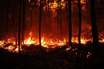 Poster - Forest Fire Burning in the Night with Silhouetted Trees