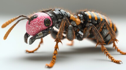 Wall Mural - Robotic Ant with Pink Brain  Close Up   D Render  Sci Fi Insect