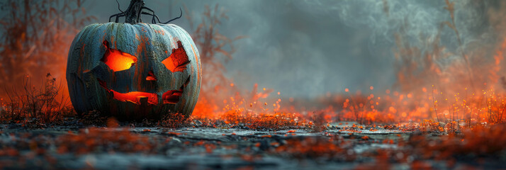 spooky Halloween pumpkin with glowing eyes sits amidst misty, eerie landscape, surrounded by glowing embers and fog. atmosphere is filled with sense of mystery and fright