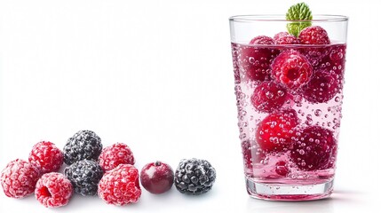 A glass of sparkling raspberry drink with fresh raspberries, blackberries, and cranberries on a white background.