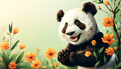 Wall Mural - Charming Panda Smiles Amidst Colorful Spring Flower Gardens for Kids Room Decor