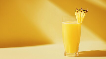 Wall Mural - a glass of yellow pineapple juice with a slice of pineapple resting on the rim, against a yellow bac