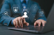© Nirusmee - Interactive KYC compliance interface with the user. Business professional interacting with a Know Your Customer (KYC) compliance and security interface on digital screen. Identity verification, E KYC