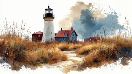 Wall Mural - Watercolor Lighthouse Landscape with Seascape and Grass