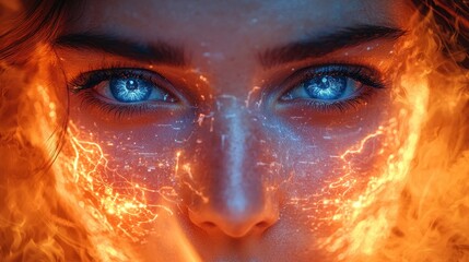 Close Up of Woman s Face with Fire and Blue Eyes