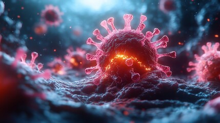 Wall Mural - Close-up 3D rendering of a glowing coronavirus particle.