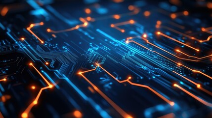 Poster - Abstract circuit board design with glowing lines and nodes, symbolizing advanced technological systems.
