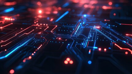 Poster - Abstract circuit board design with glowing lines and nodes, symbolizing advanced technological systems.
