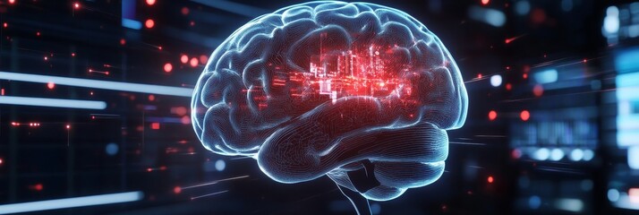 Poster - A glowing human brain with swirling patterns inside representing the complex neural network, symbolizing intelligence, technology, consciousness, innovation, and data processing.