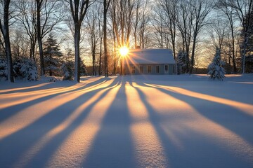 Wall Mural - Sun-kissed Snowscape with a Cabin and Long Shadows