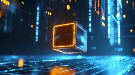Poster - A glowing neon cube floats in a digital space, surrounded by lines of light and a grid pattern, symbolizing technology, innovation, future, data, and virtual reality.