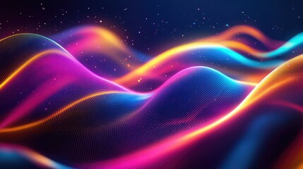 Poster - Abstract neon wave lines in bright, vibrant colors, flowing in curves over a dark background.