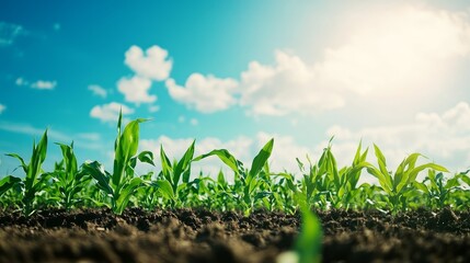 A beautiful corn field under a bright blue summer sky with white puffy clouds, symbolizing growth, prosperity, nature, agriculture, and abundance.