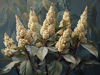 Wall Mural - Creamy White Flowers with Green Leaves: A Close-Up Botanical Photography