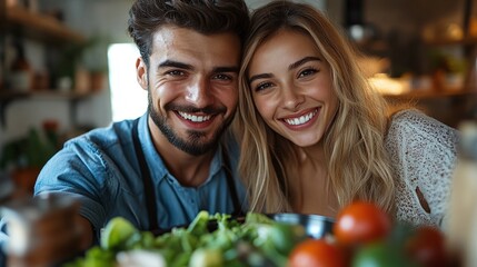 young happy couple taking a selfie while preparing a healthy salad in their home kitchen, bonding over fresh ingredients and enjoying the fun of cooking together for a nutritious meal