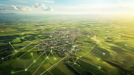 Aerial perspective of rural and urban land with floating network markers showing future planning.
