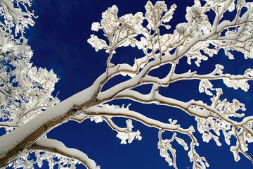 Sticker - A snow-covered tree branch against a bright blue sky