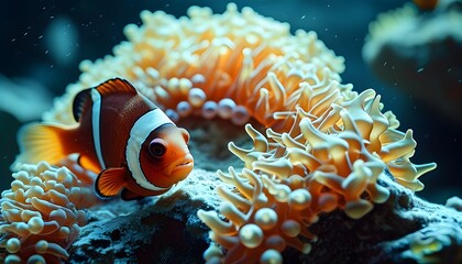 vibrant close-up of tropical fish interacting with colorful sea anemone in an underwater paradise