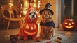 © F - Pet-friendly Halloween costumes feature adorable dogs dressed as pumpkins and charming cats dressed as witches, creating a cute and family-friendly atmosphere that embraces trendy celebrations