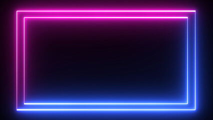 Poster - Neon blue and purple effect rectangle frame Loop background. Glowing abstract rectangle border shape two line