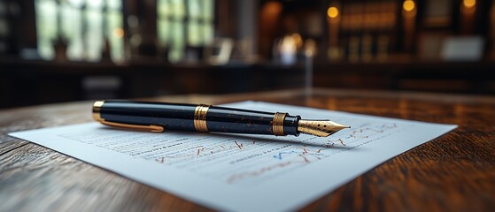 Closeup of a fountain pen on a document with a blurred background.