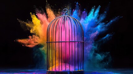 Bright Holi powder bursting inside a cage, creating a vivid display of vibrant colors.