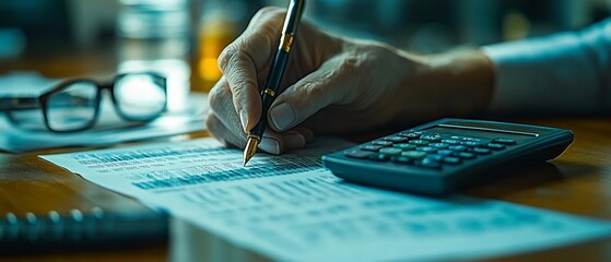 Closeup of a hand writing on a document with a pen while using a calculator on a desk.