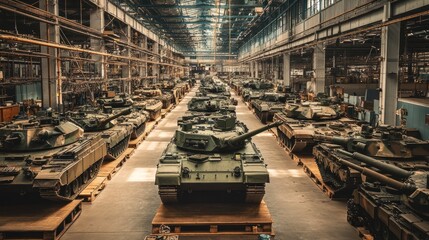 A military weapons factory with rows of firearms, tanks, and heavy artillery being assembled, showcasing the industrial scale of military equipment production.