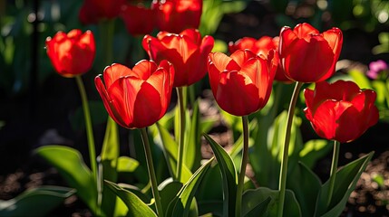 Bright red tulips in a flowerbed, with sunlight casting shadows on the petals.