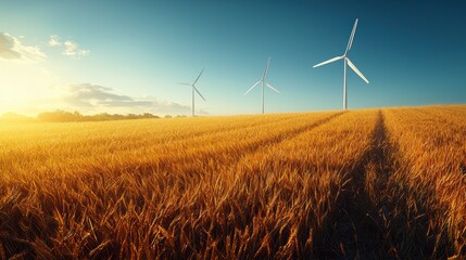 Wind Turbines in Golden Wheat Field at Sunset