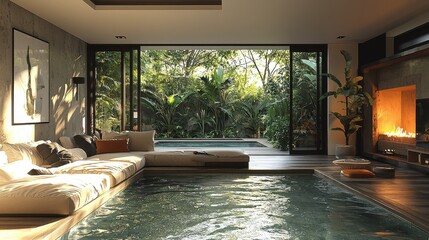 Wall Mural - Modern Interior Design with Indoor Pool  Fireplace and Tropical View