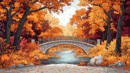 Poster - Autumn Forest Bridge Over River