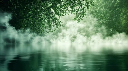Wall Mural - white fog blankets the surface of a serene lake, surrounded by lush green trees in a tranquil forest