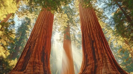 Huge sequoia trees on a bright sunny day