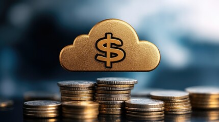 Cloud-shaped icon in gold with a dollar sign, resting atop multiple stacks of coins, symbolizing financial management