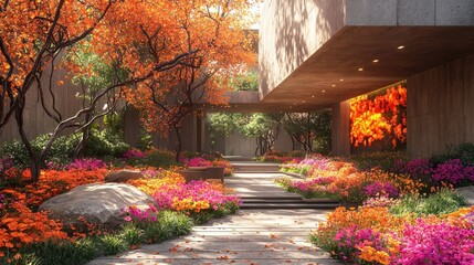 Sticker - Modern Architecture Garden Path with Flowers and Autumn Leaves