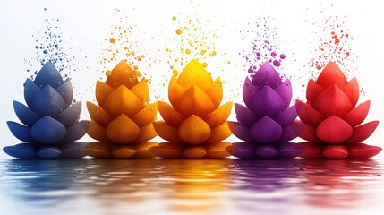 Sticker - Colorful Lotus Flowers with Water Drops and Reflection