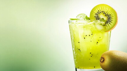 Wall Mural - Close-up of a kiwi smoothie with ice cubes and a kiwi slice on top.