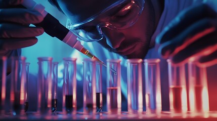 Poster - Scientist in Protective Gear Carefully Dropping Liquid into Test Tubes